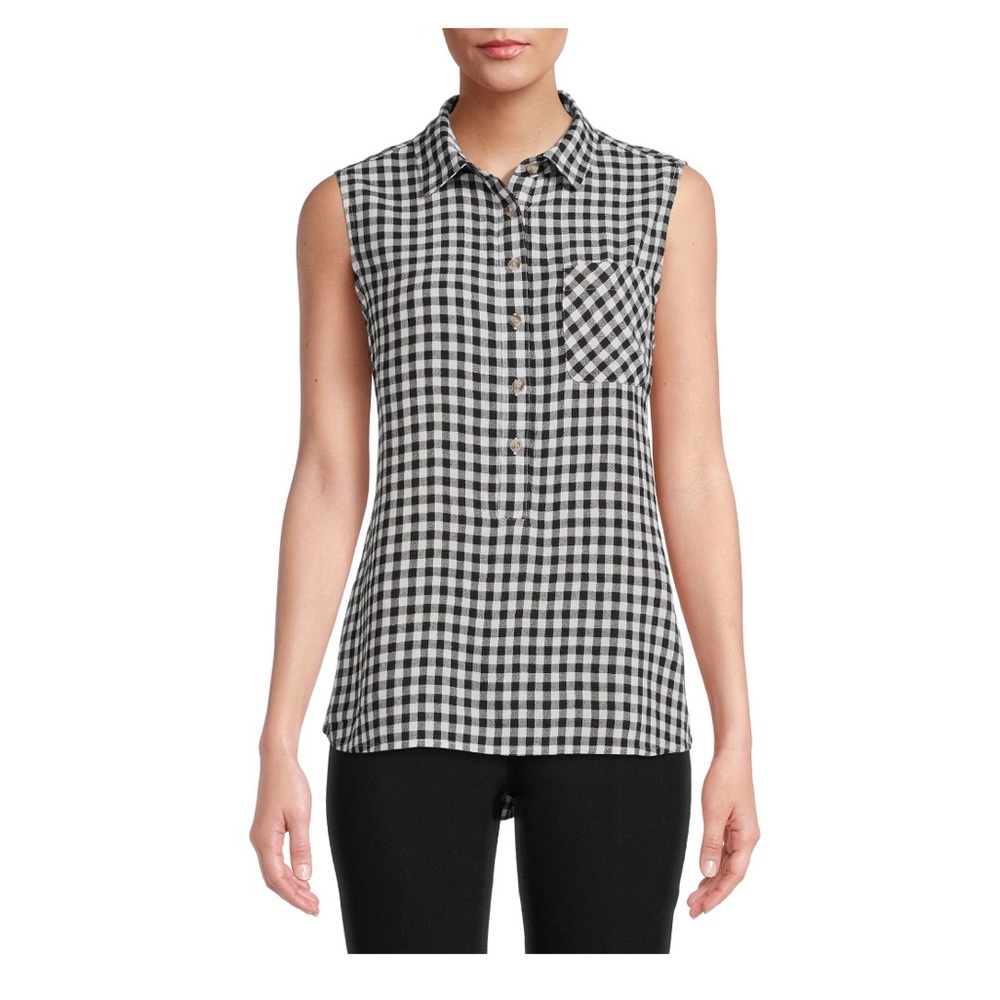 Time and Tru Women Sleeveless Henley Shirt Plaid Size XXL (20) Linen Blend